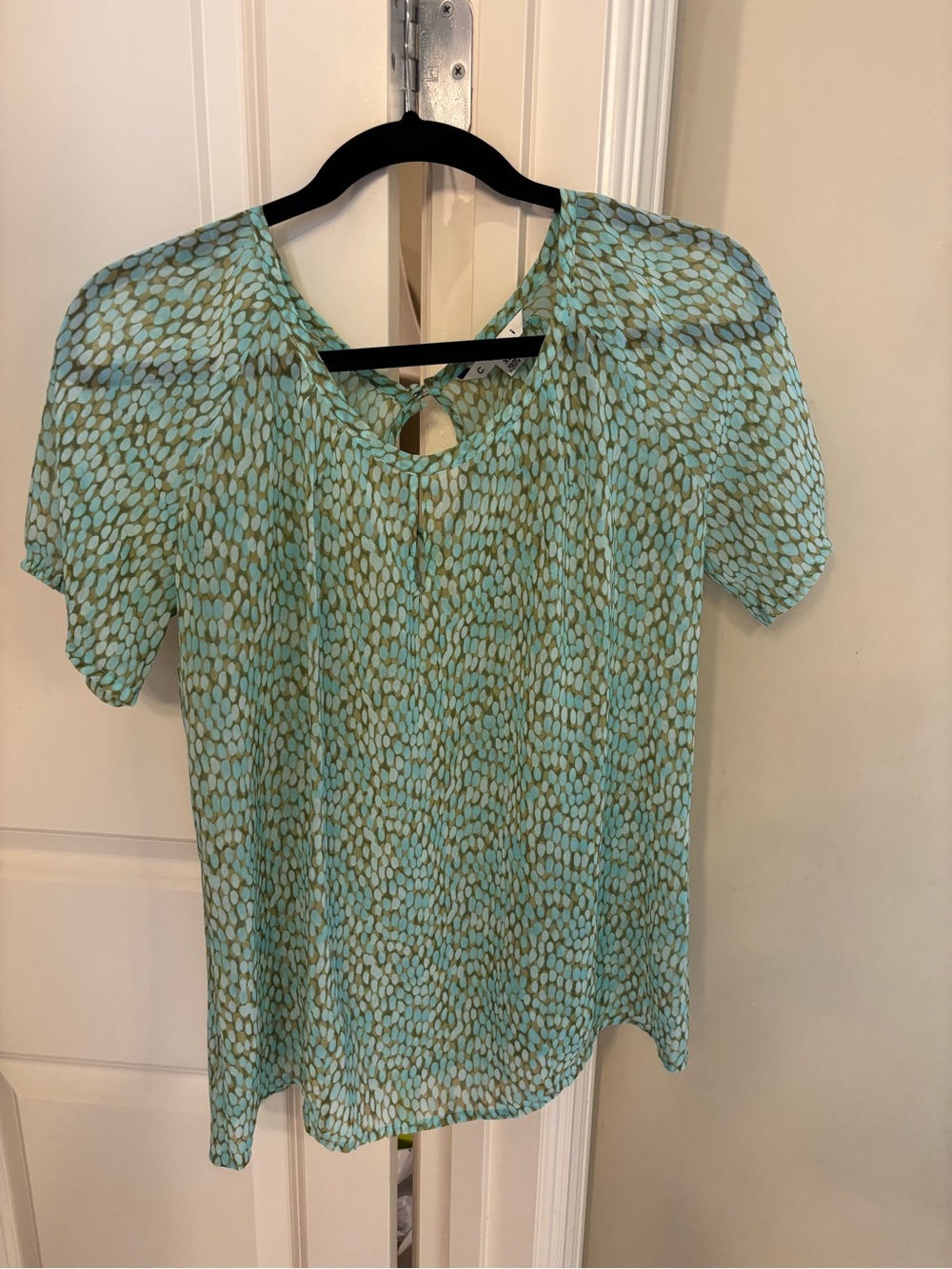 CAbi Aqua and Olive Printed Short-Sleeve Keyhole Top